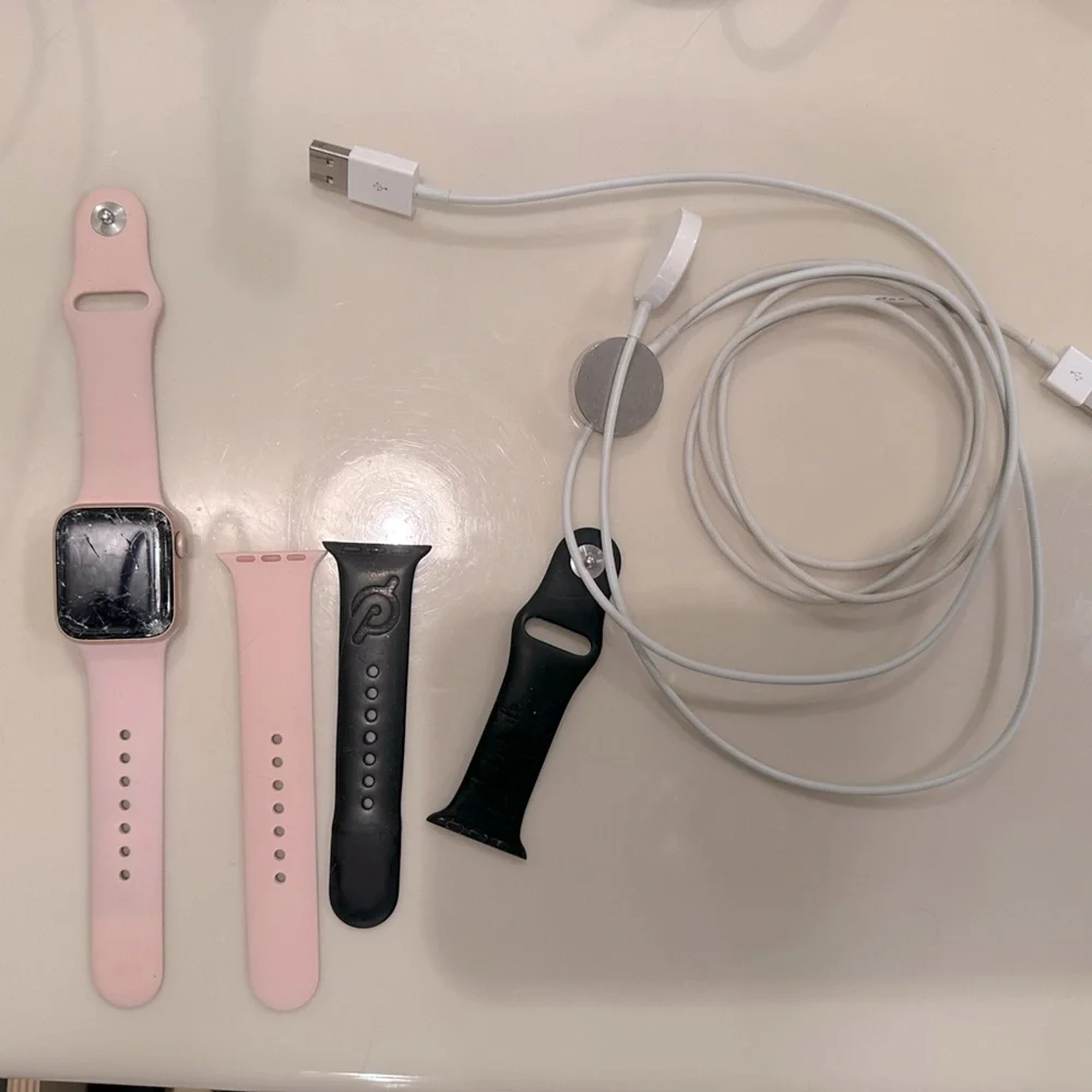 Apple Watch Series 6 Shattered Glass w Pink Bank 2 sizes & Black Peloton Band